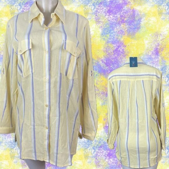 Denim & Co. M Yellow-Purple Striped Button Down Pockets Cotton Long Sleeve Shirt - Picture 1 of 6